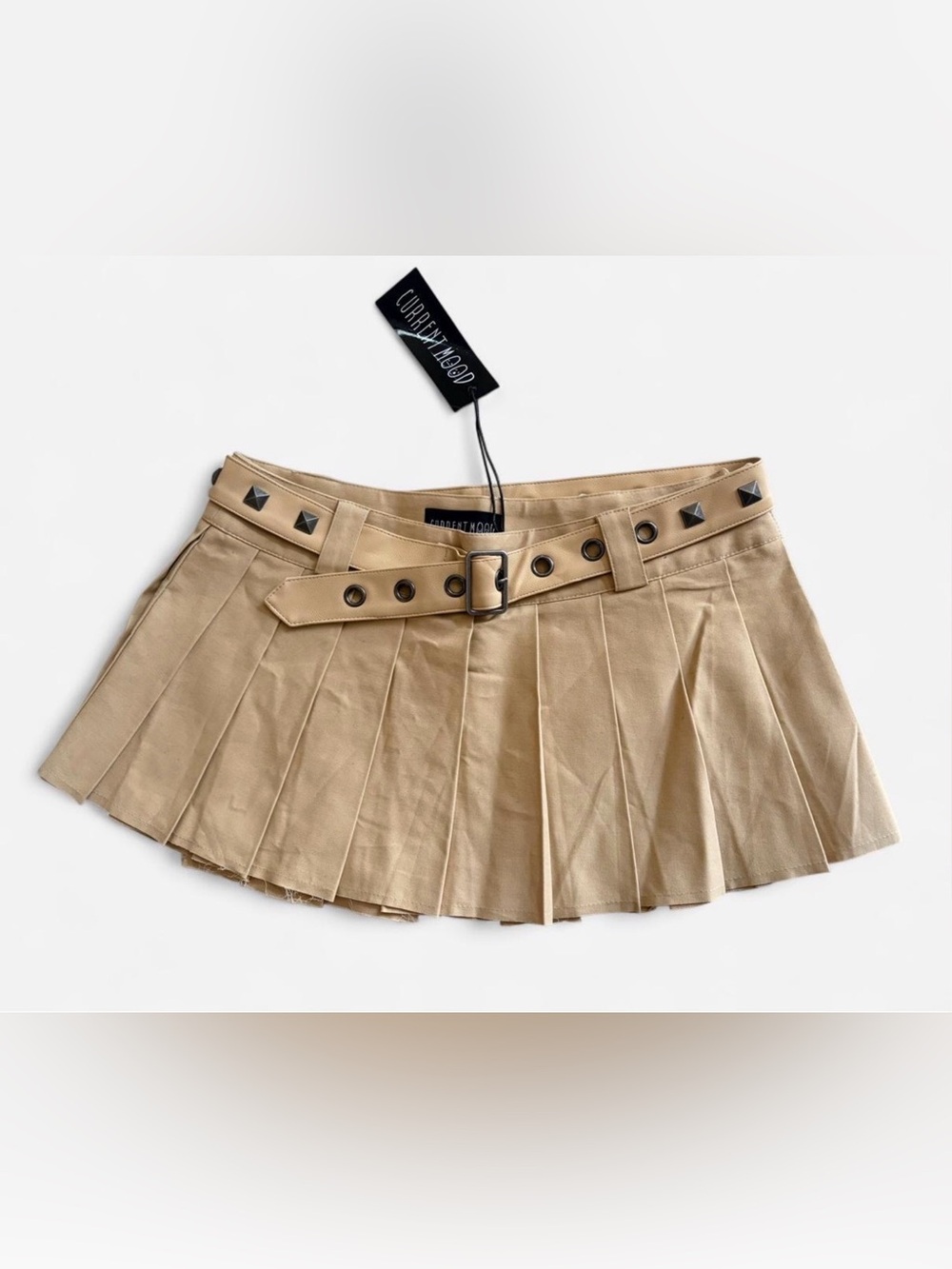 NWT Current Mood The Potential Belted Pleated Micro Mini Skirt Beige XS